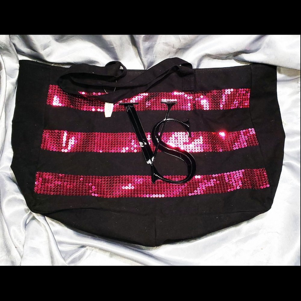 NWT VICTORIA'S SECRET black pink sequin logo tote